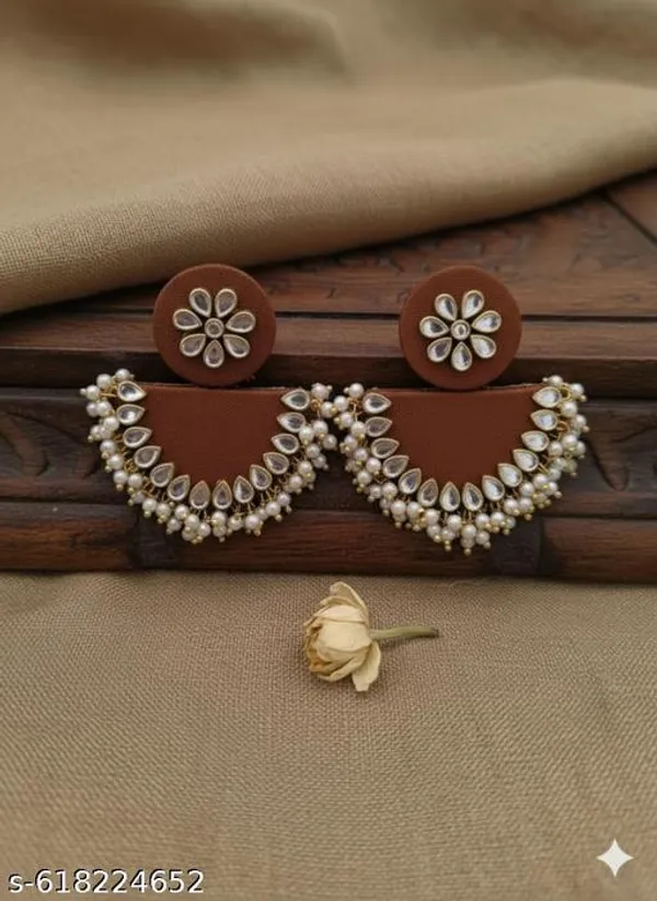 Brown_Maroon_Emerald_Bloom_Half-Moon_Kundan_Earrings_For_Women