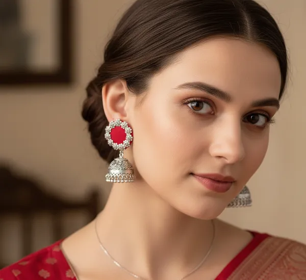 Red_Fabric_Accent_Oxidised_Silver_Jhumkas_For_Women