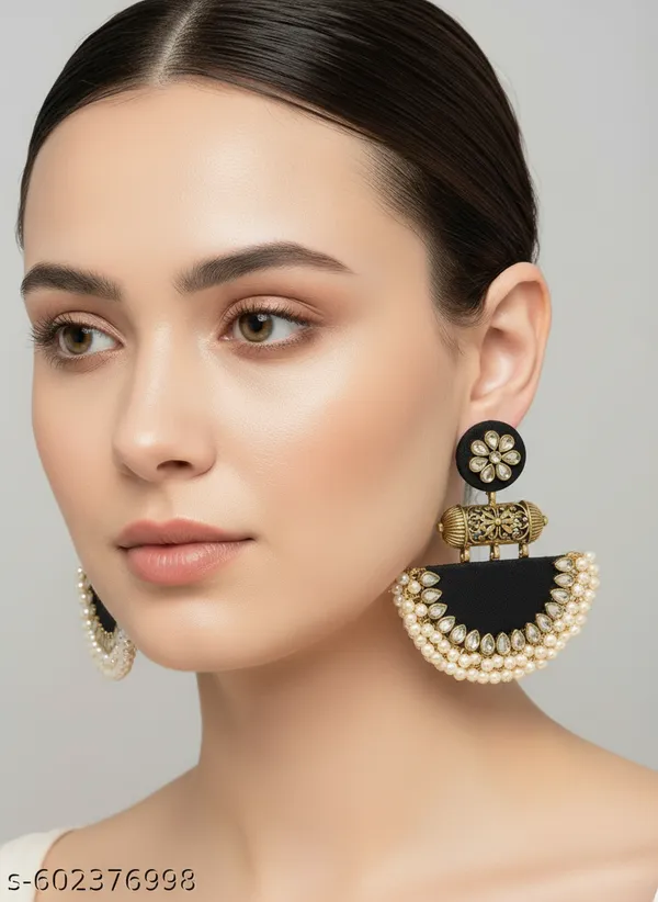 Black_Kundan_&_Pearl_Embellished_Fabric_Statement_Jhumkas_For_Women