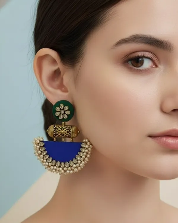Blue-Green_Blue_Kundan_&_Pearl_Embellished_Fabric_Statement_Jhumkas_For_Women