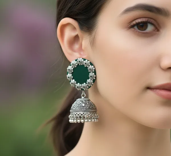 Green_Fabric_Accent_Oxidised_Silver_Jhumkas._For_Women