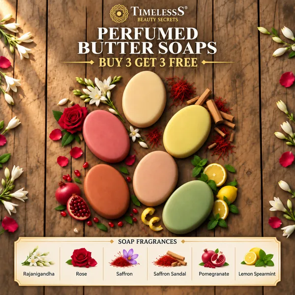 Pack_of_6:_Goat_Milk_Butter_Soap_With_Rajanigandha,_Rose,_Saffron,_Saffron_Sandal,_Pomegranate,_Lemon_Spearmint_with_Glycerine,_Almond_Oil,_Vit_E,_Rosemary