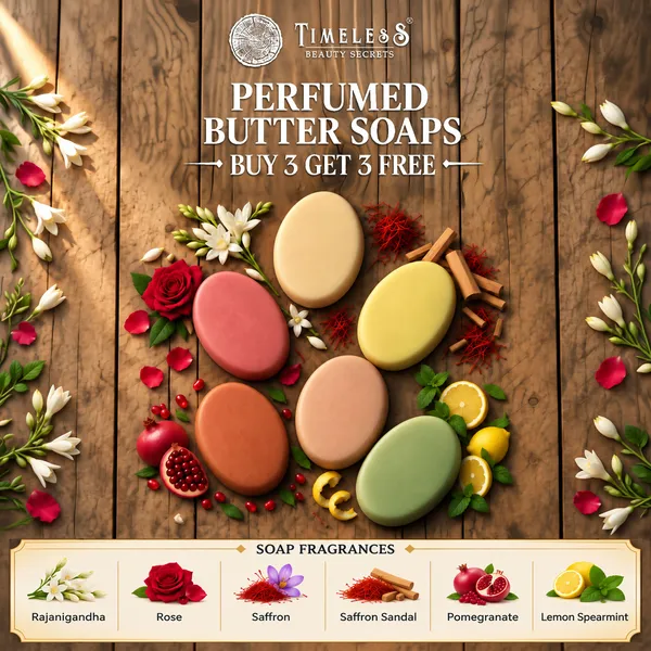 Pack_of_6:_Goat_Milk_Butter_Soap_With_Rajanigandha,_Rose,_Saffron,_Saffron_Sandal,_Pomegranate,_Lemon_Spearmint_with_Glycerine,_Almond_Oil,_Vit_E,_Rosemary