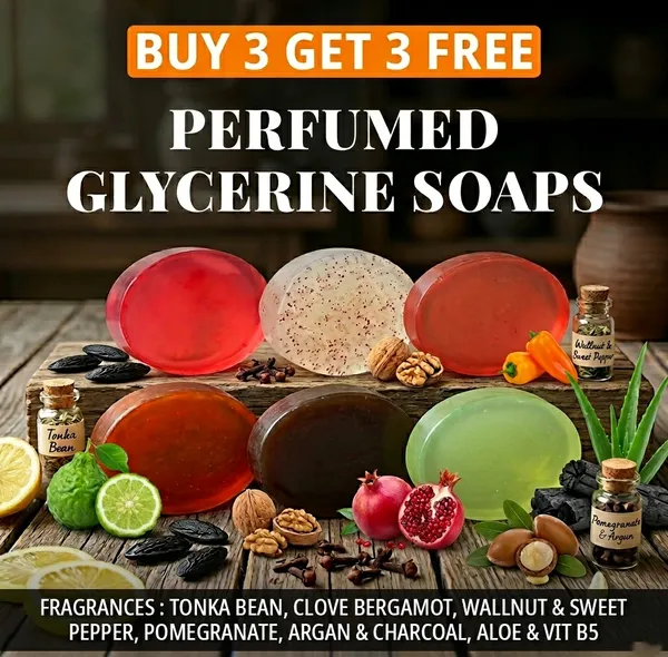Pack_of_6-Tonka_Bean,Bergamot,Pepper,_Pomegranate,_Charcoal_Musk,_Green_Tea-Fragrances_with_Indian_Neem_&_Basil_Anti_Microbial_Glycerine_Soap