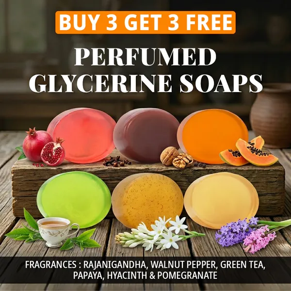 Pack_Of_6:_Hyacinth,_Wallnut_Pepper,_Green_Tea,_Papaya,_Rajanigandha_&_Pomegranate_Fragrances_with_Indian_Neem_&_Basil_Anti_Microbial_Glycerine_Soap