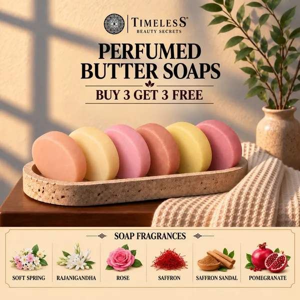 Pack_of_6:_Goat_Milk_Butter_Soap_With_Soft_Spring,_Rajanigandha,_Rose,_Saffron,_Saffron_Sandal,_Pomegranate_with_Glycerine,_Almond_Oil,_Vit_E,_Rosemary