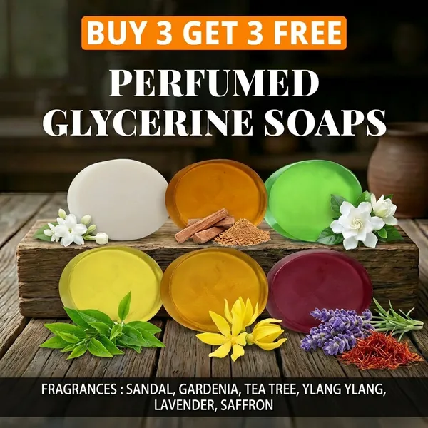 Pack_of_6-_Sandal,_Gardenia,_Tea_Tree,_Ylang_Ylang,_Lavender,_Saffron_Fragrances_with_Indian_Neem_&_Basil_Anti_Microbial_Glycerine_Soap