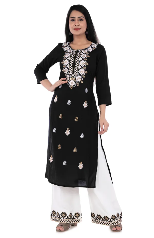 Black_Floral_Embroidered_Regular_Kurta_With_Palazzos_For_Women