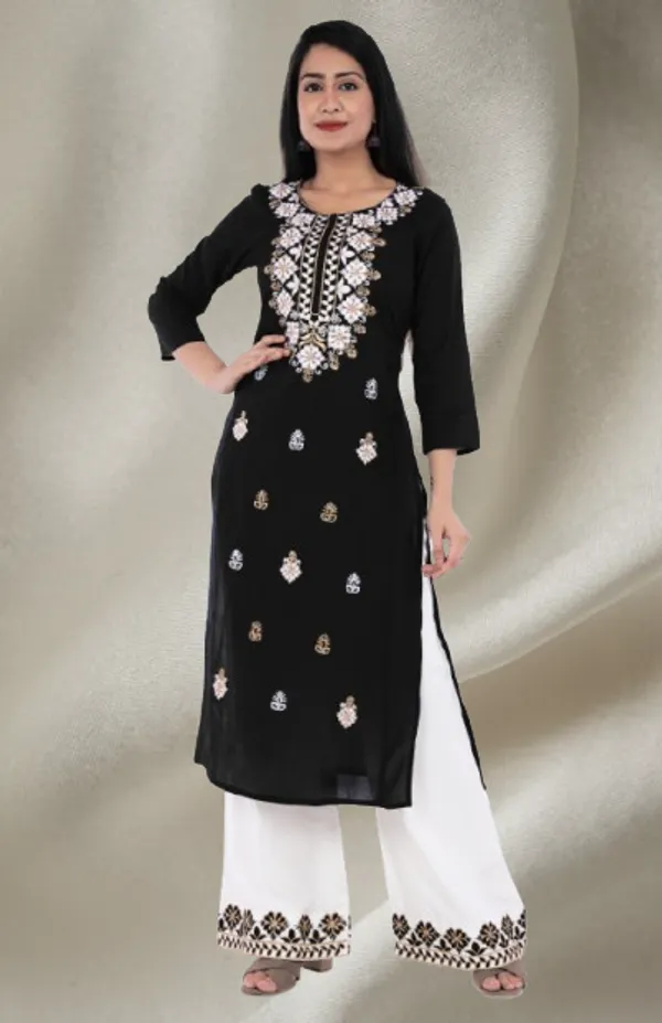 Black_Floral_Embroidered_Regular_Kurta_With_Palazzos_For_Women