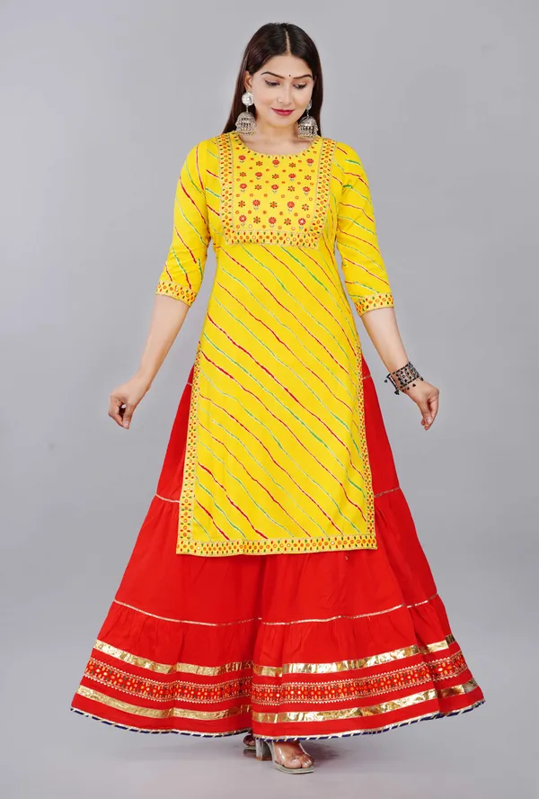 Yellow_Leheriya_Printed_Round_Neck_Gotta_Patti_Straight_Kurta_With_Skirt_&_Dupatta_For_Women