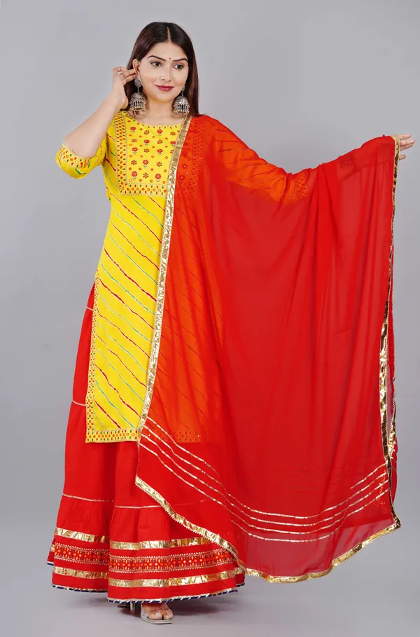 Yellow_Leheriya_Printed_Round_Neck_Gotta_Patti_Straight_Kurta_With_Skirt_&_Dupatta_For_Women