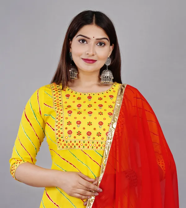 Yellow_Leheriya_Printed_Round_Neck_Gotta_Patti_Straight_Kurta_With_Skirt_&_Dupatta_For_Women
