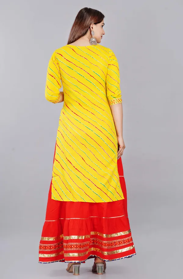 Yellow_Leheriya_Printed_Round_Neck_Gotta_Patti_Straight_Kurta_With_Skirt_&_Dupatta_For_Women
