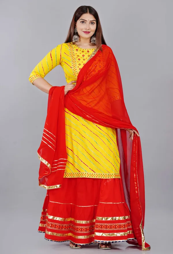 Yellow_Leheriya_Printed_Round_Neck_Gotta_Patti_Straight_Kurta_With_Skirt_&_Dupatta_For_Women