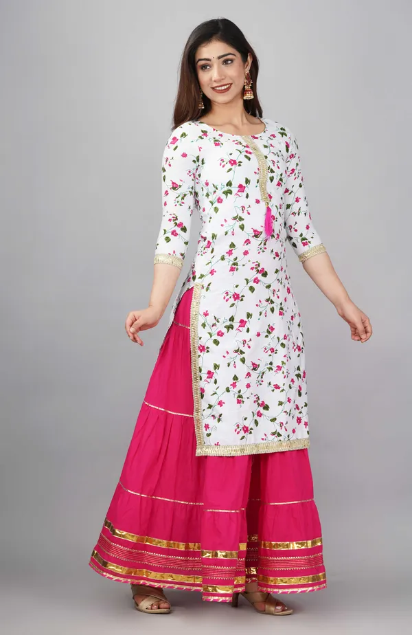White_Floral_Printed_Round_Neck_Gotta_Patti_Pure_Cotton_Kurta_With_Skirt_&_Dupatta_For_Women