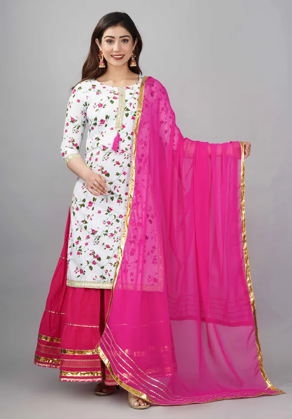 White_Floral_Printed_Round_Neck_Gotta_Patti_Pure_Cotton_Kurta_With_Skirt_&_Dupatta_For_Women