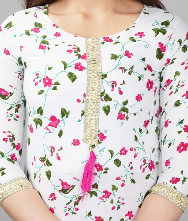 White_Floral_Printed_Round_Neck_Gotta_Patti_Pure_Cotton_Kurta_With_Skirt_&_Dupatta_For_Women