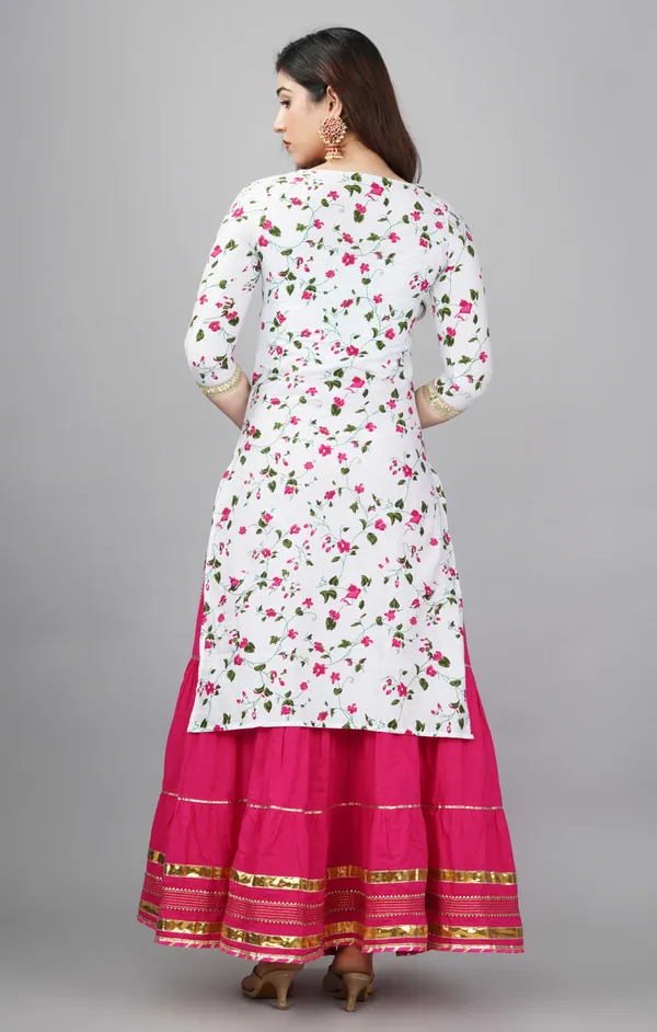 White_Floral_Printed_Round_Neck_Gotta_Patti_Pure_Cotton_Kurta_With_Skirt_&_Dupatta_For_Women