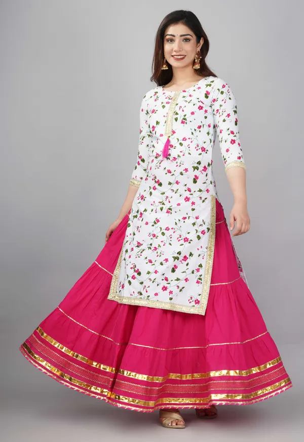 White_Floral_Printed_Round_Neck_Gotta_Patti_Pure_Cotton_Kurta_With_Skirt_&_Dupatta_For_Women