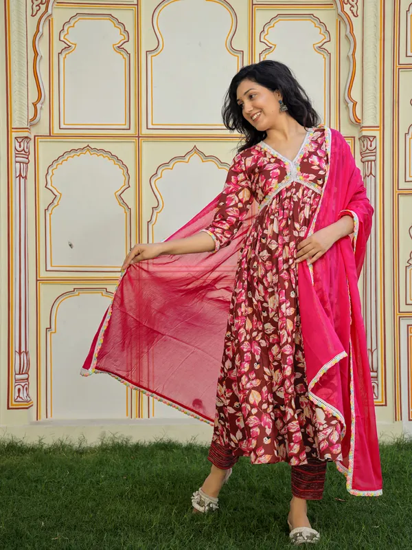 Pink_Floral_Printed_Empire_Kantha_Work_Pure_Cotton_Kurta_With_Trousers_&_Dupatta_For_Women