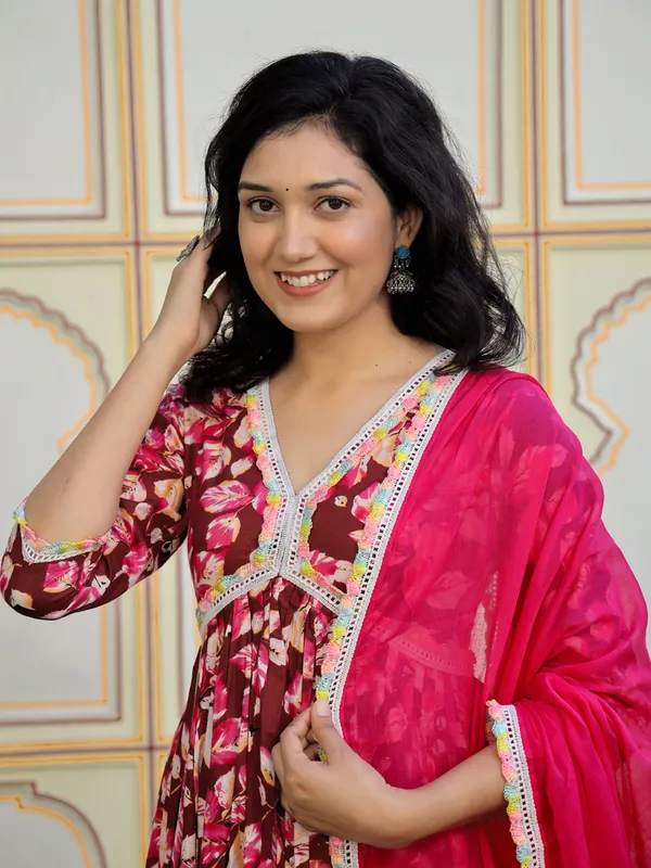 Pink_Floral_Printed_Empire_Kantha_Work_Pure_Cotton_Kurta_With_Trousers_&_Dupatta_For_Women