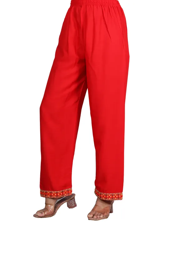 Red_Bandhani_Embroidery_Round_Neck_Mirror_Work_Kurta_With_Palazzos_&_Dupatta_For_Women