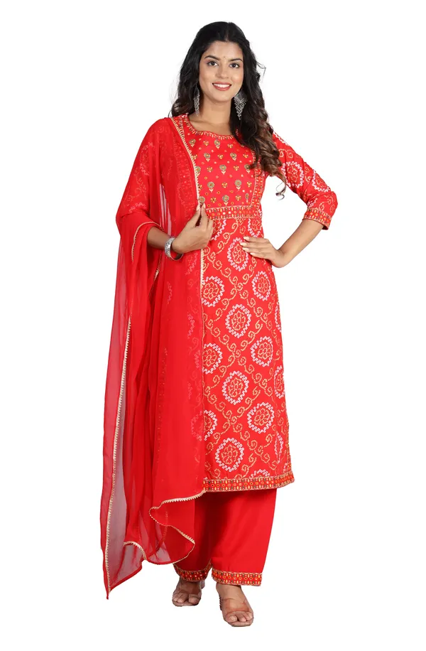 Red_Bandhani_Embroidery_Round_Neck_Mirror_Work_Kurta_With_Palazzos_&_Dupatta_For_Women