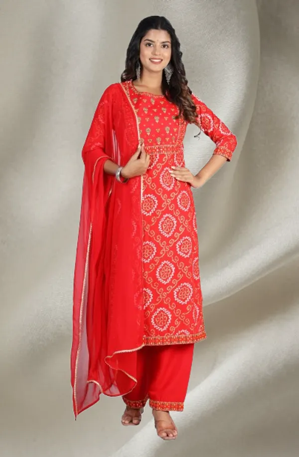 Red_Bandhani_Embroidery_Round_Neck_Mirror_Work_Kurta_With_Palazzos_&_Dupatta_For_Women