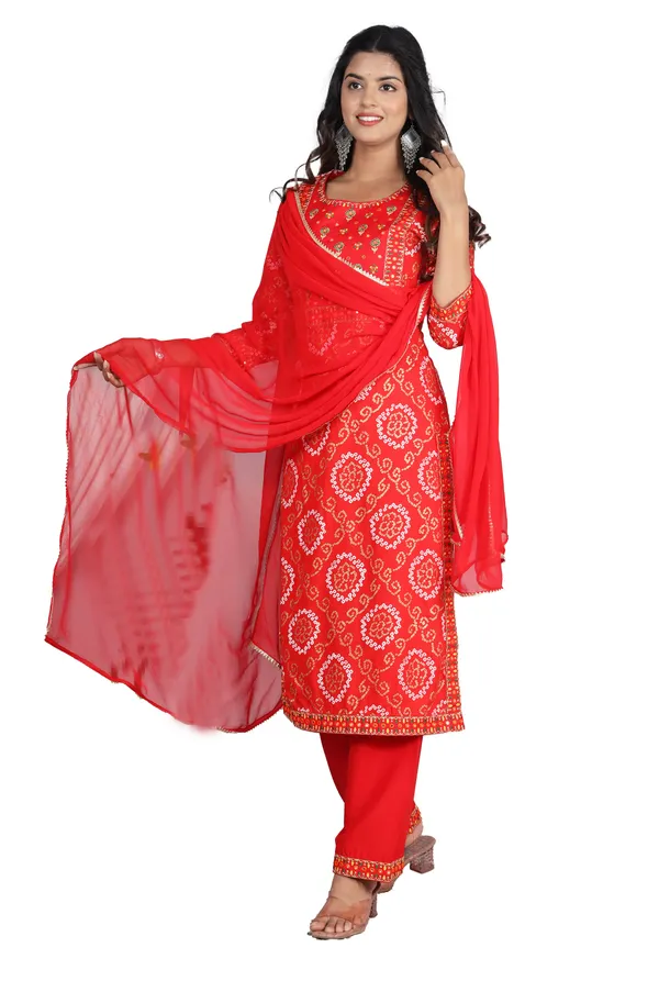 Red_Bandhani_Embroidery_Round_Neck_Mirror_Work_Kurta_With_Palazzos_&_Dupatta_For_Women