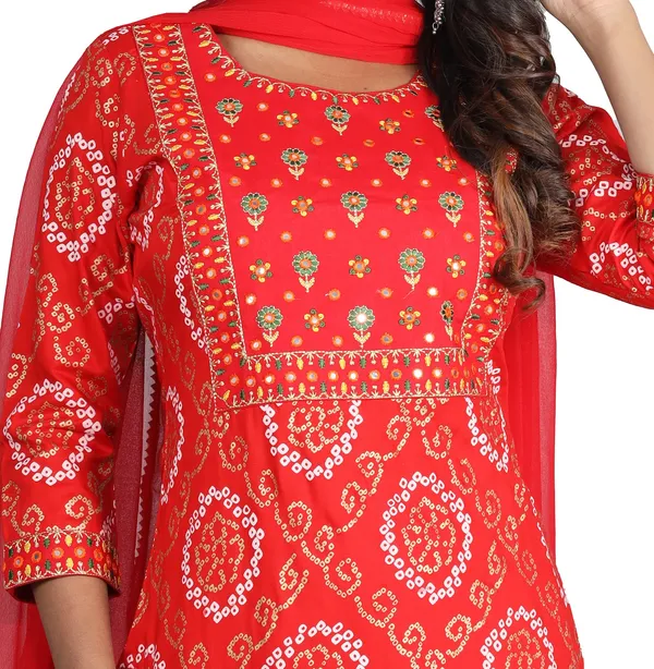 Red_Bandhani_Embroidery_Round_Neck_Mirror_Work_Kurta_With_Palazzos_&_Dupatta_For_Women
