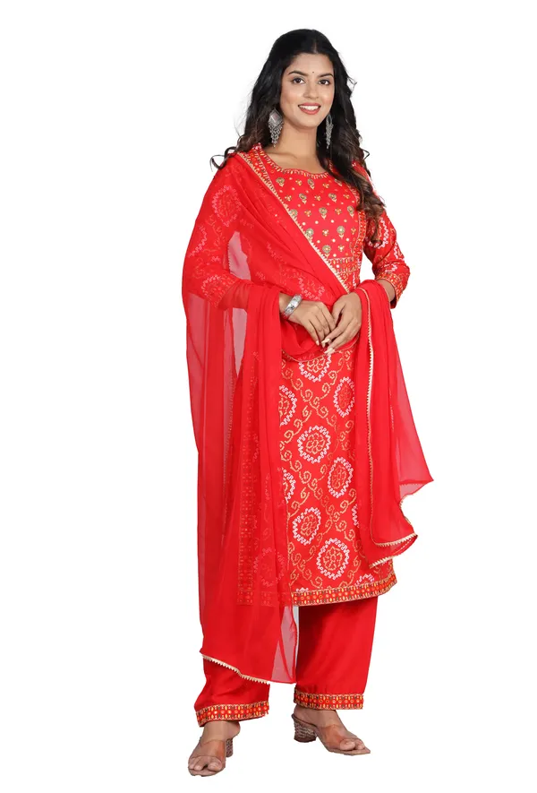 Red_Bandhani_Embroidery_Round_Neck_Mirror_Work_Kurta_With_Palazzos_&_Dupatta_For_Women