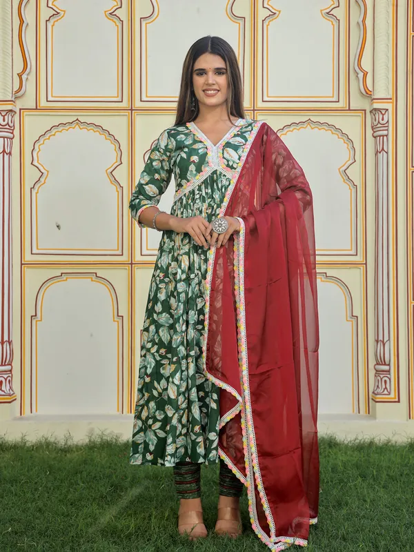 Green_Floral_Printed_Pure_Cotton_Kantha_Work_Kurta_With_Trousers_&_Dupatta_For_Women