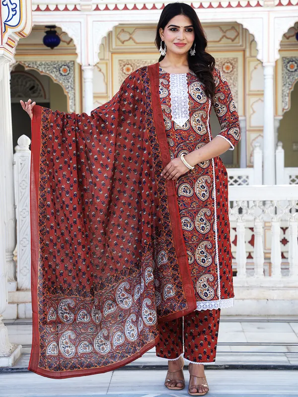 Maroon_Paisley_Printed_Embroidered_Pure_Cotton_Kurta_With_Trouser_And_Dupatta_For_Women