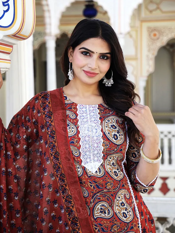 Maroon_Paisley_Printed_Embroidered_Pure_Cotton_Kurta_With_Trouser_And_Dupatta_For_Women