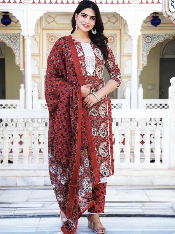 Maroon_Paisley_Printed_Embroidered_Pure_Cotton_Kurta_With_Trouser_And_Dupatta_For_Women
