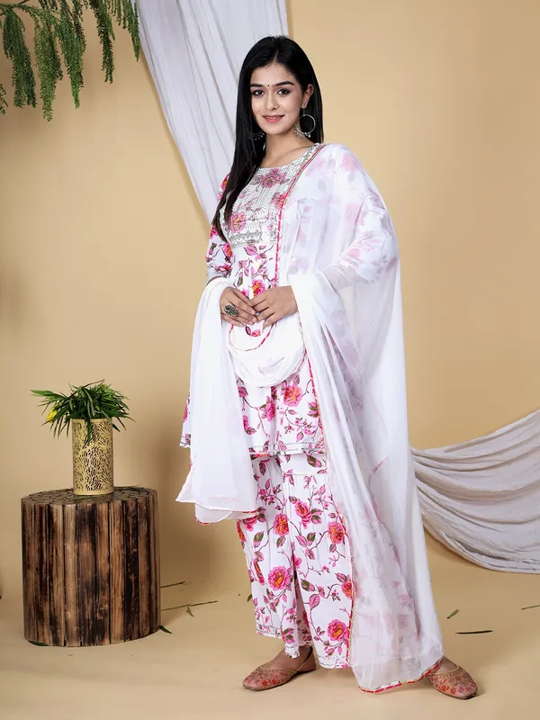 Pink_Floral_Embroidered_Regular_Sequinned_Pure_Cotton_Kurti_With_Sharara_&_With_Dupatta_For_Women