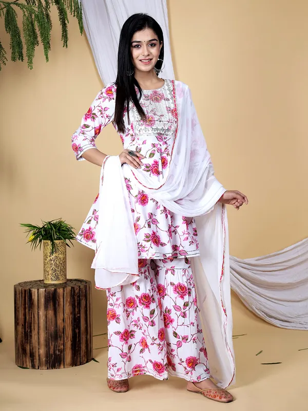 Pink_Floral_Embroidered_Regular_Sequinned_Pure_Cotton_Kurti_With_Sharara_&_With_Dupatta_For_Women