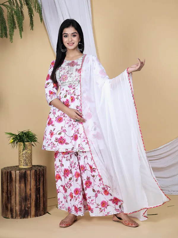 Pink_Floral_Embroidered_Regular_Sequinned_Pure_Cotton_Kurti_With_Sharara_&_With_Dupatta_For_Women