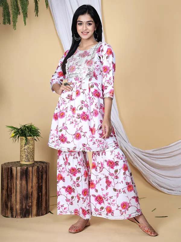 Pink_Floral_Embroidered_Regular_Sequinned_Pure_Cotton_Kurti_With_Sharara_&_With_Dupatta_For_Women