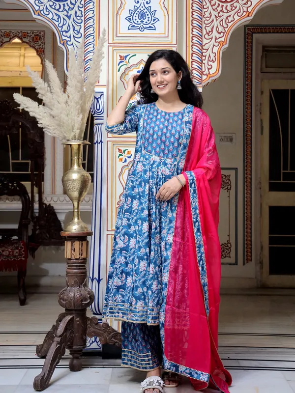 Blue_Floral_Printed_Regular_Kantha_Work_Pure_Cotton_Kurta_With_Trousers_&_Dupatta_For_Women