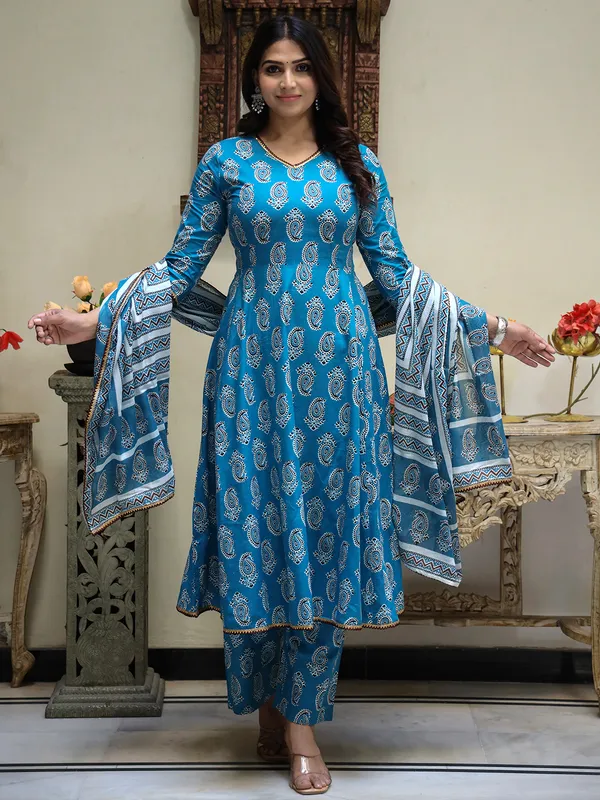 Turquoise_Blue_Printed_Panelled_Pure_Cotton_Anarkali_Kurta_With_Palazzos_&_Dupatta_For_Women