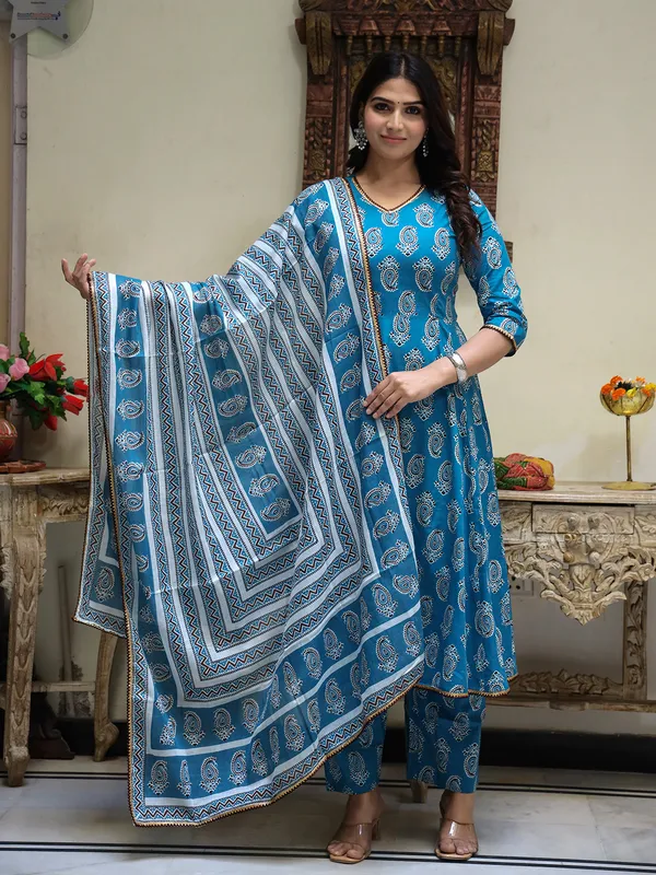 Turquoise_Blue_Printed_Panelled_Pure_Cotton_Anarkali_Kurta_With_Palazzos_&_Dupatta_For_Women