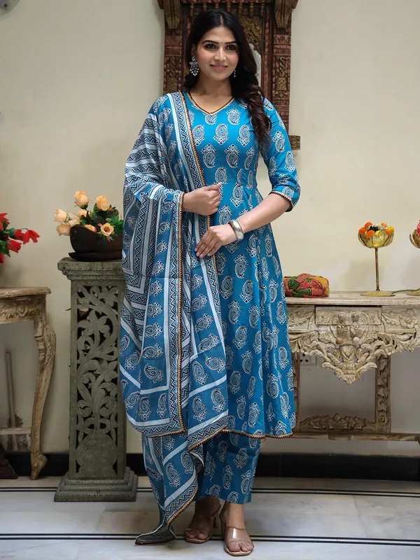 Turquoise_Blue_Printed_Panelled_Pure_Cotton_Anarkali_Kurta_With_Palazzos_&_Dupatta_For_Women
