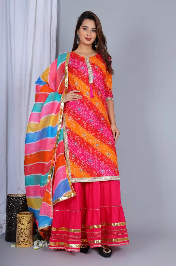 Pink_Bandhani_Printed_Regular_Gota_Patti_Kurta_With_Skirt_&_With_Dupatta_For_Women