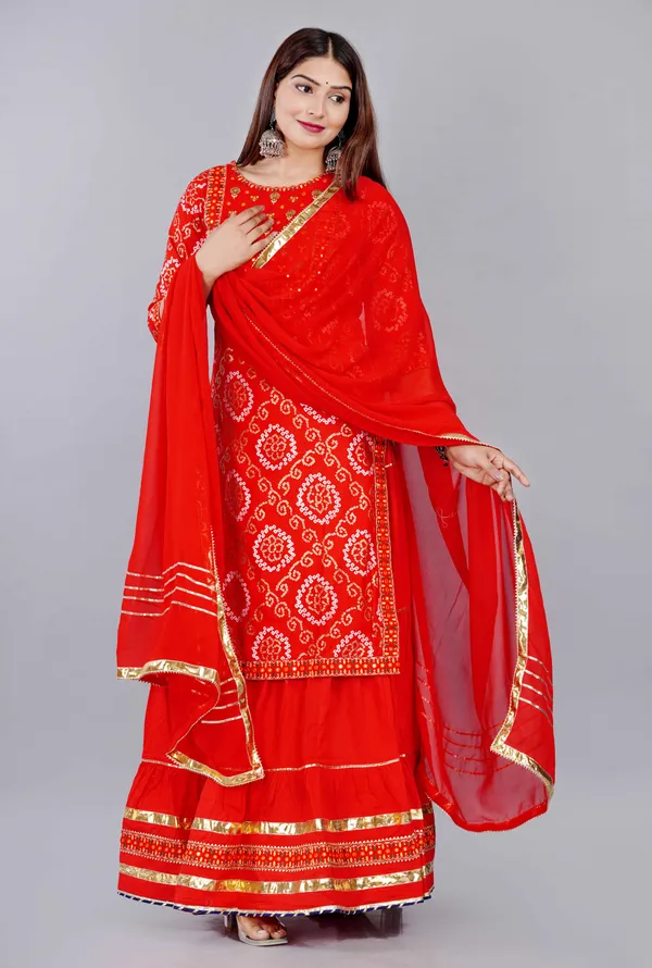 Red_Bandhani_Embroidery_Round_Neck_Thread_Work_Kurta_With_Skirt_&_Dupatta_For_Women