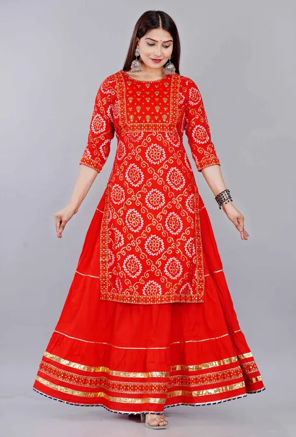 Red_Bandhani_Embroidery_Round_Neck_Thread_Work_Kurta_With_Skirt_&_Dupatta_For_Women