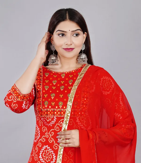 Red_Bandhani_Embroidery_Round_Neck_Thread_Work_Kurta_With_Skirt_&_Dupatta_For_Women