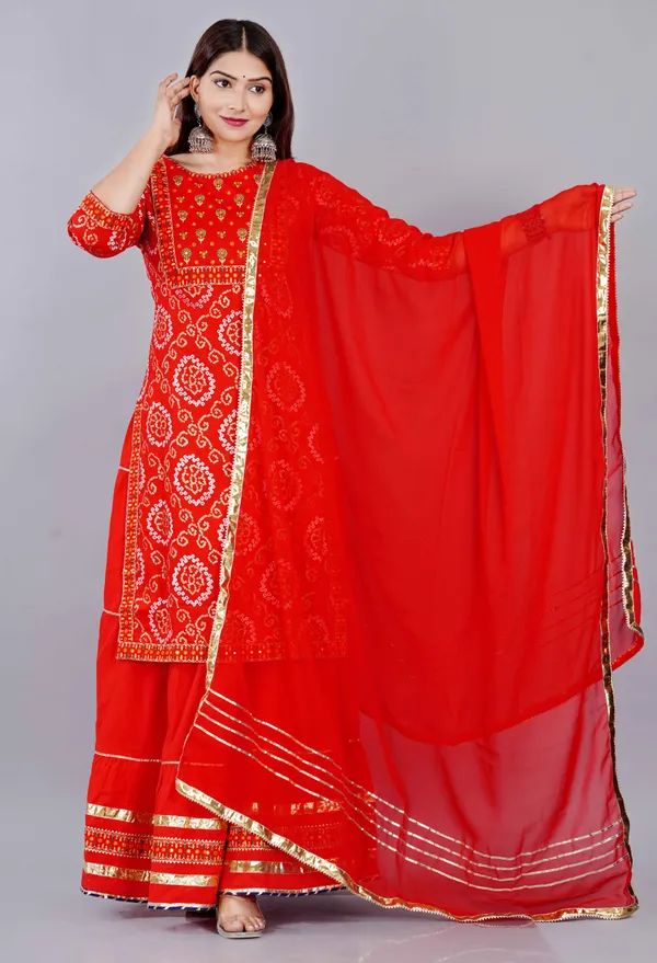 Red_Bandhani_Embroidery_Round_Neck_Thread_Work_Kurta_With_Skirt_&_Dupatta_For_Women