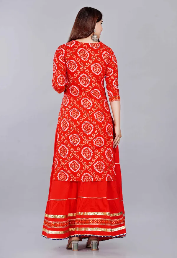 Red_Bandhani_Embroidery_Round_Neck_Thread_Work_Kurta_With_Skirt_&_Dupatta_For_Women