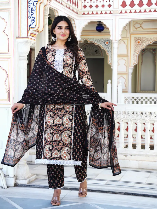 Black_Paisley_Printed_Embroidered_Pure_Cotton_Kurta_With_Trouser_And_Dupatta_For_Women